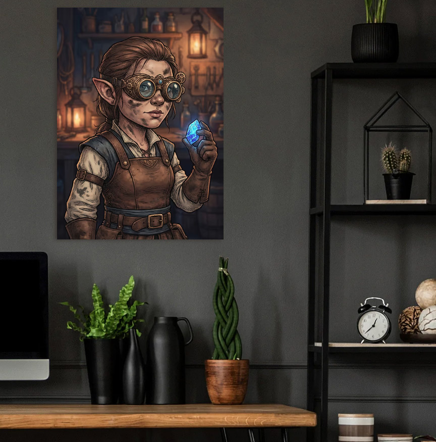 Steampunk Elf Alchemist with Potions — metal poster wall art by Lineer